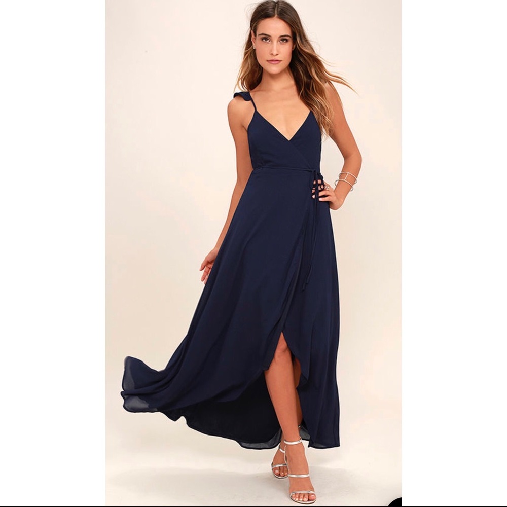 Lulu’s Here’s to Us High Low Navy Wrap Dress
